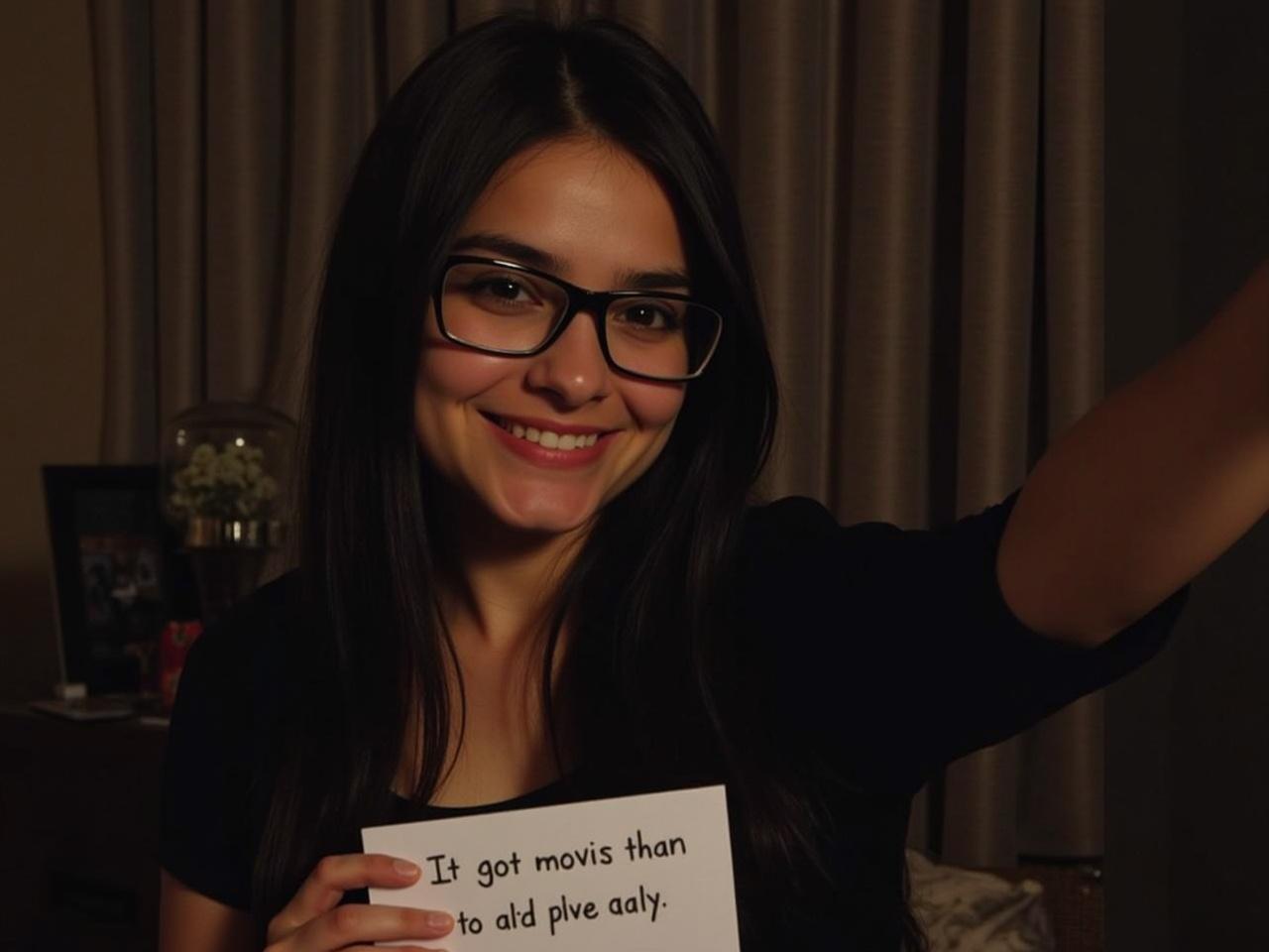 A young woman is taking a selfie in a cozy, dimly lit room. She has long black hair and is wearing a black top. Her glasses add a stylish touch to her look. She smiles softly, looking directly at the camera. In her hand, she is holding a sign with a message. The background includes curtains and some decorative items that create a warm ambiance.