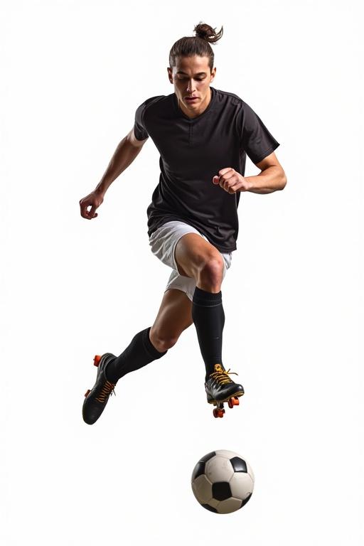 Photo of a male football player in motion performing a kick in black and white sportswear with a soccer ball on a white background.