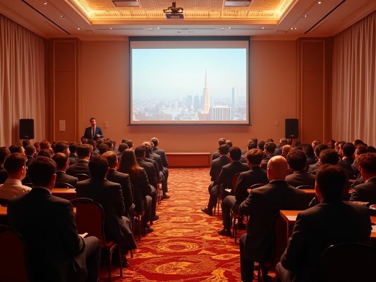 Realistic photo of hotel ballroom filled with entrepreneurs engaged in AI learning. Scene shows an audience attentively listening to a presenter who is discussing technology and innovation.
