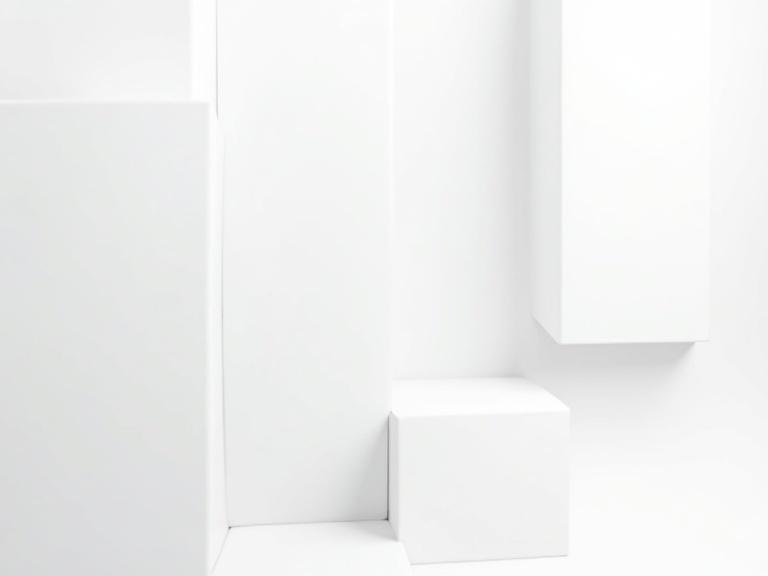 Abstract background in white featuring geometric patterns. Square forms create a blocky appearance. Clean minimalistic style with a 3D illusion effect. Surfaces are matte or slightly reflective with soft ambient lighting. Horizontal composition. High resolution suitable for desktop wallpaper. Emphasizes light and shadow without curves or color gradients.