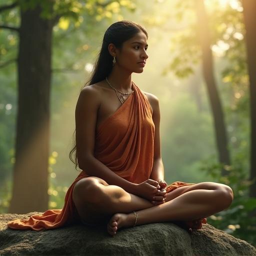 Maa Brahmacharini seated on rock in padmasana. Calm expression with kamandal. Light sparkles through forest canopy. Skin and surroundings photorealistic.