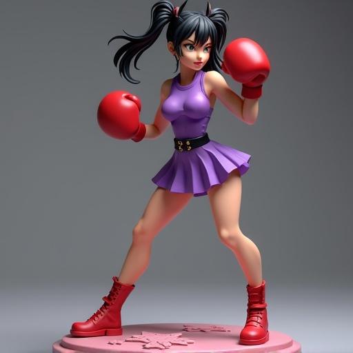 Female resin figure inspired by Hitmonchan. Sensual brunette woman with a muscular and slender body. Feminine face with confident expression, normal-sized eyes, and delicate features. Wears red boxing gloves and a purple sports shirt with a short skirt. Attacking pose with arm extended and leg forward. Black hair in pigtails simulating Hitmonchan's head. Base designed like a ring with stars.