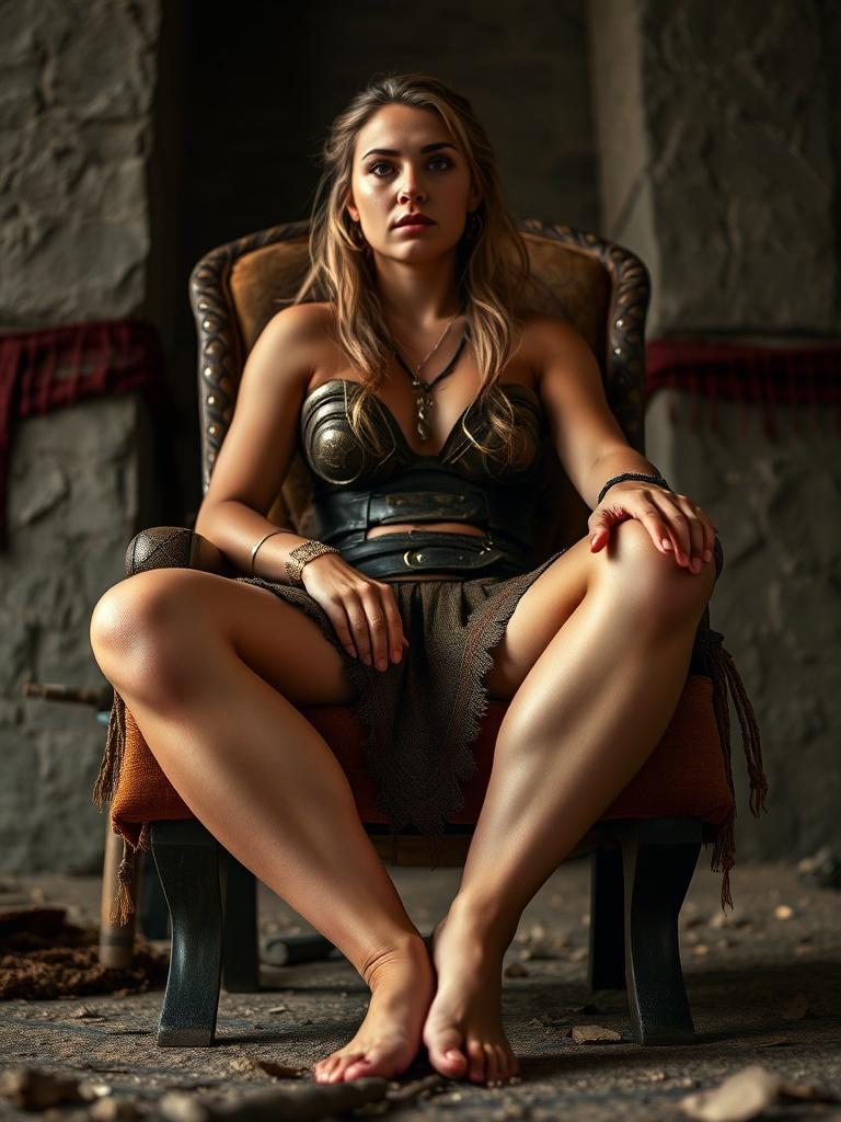 A woman dressed in warrior attire sits confidently on an ornately designed chair, exuding an air of power and determination. Her attire, reminiscent of ancient armor, adds a historical touch to the image. The setting appears to be a stone-walled room, creating a timeless and dramatic atmosphere.