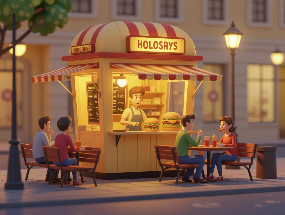 A burger-styled kiosk serves customers. Friendly staff member is inside the kiosk. Diners are sitting on benches enjoying their food. The environment shows warm golden lighting. The background has a soft blur effect. The image conveys an inviting atmosphere with clean rendering.