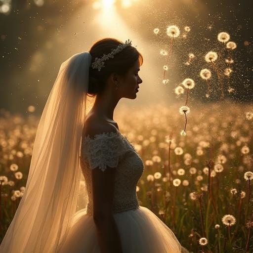 Bridal silhouette in a dandelion field. Veil caught in the air. Dandelion seeds floating. Background blurred with golden light. Elegance and nature combined.