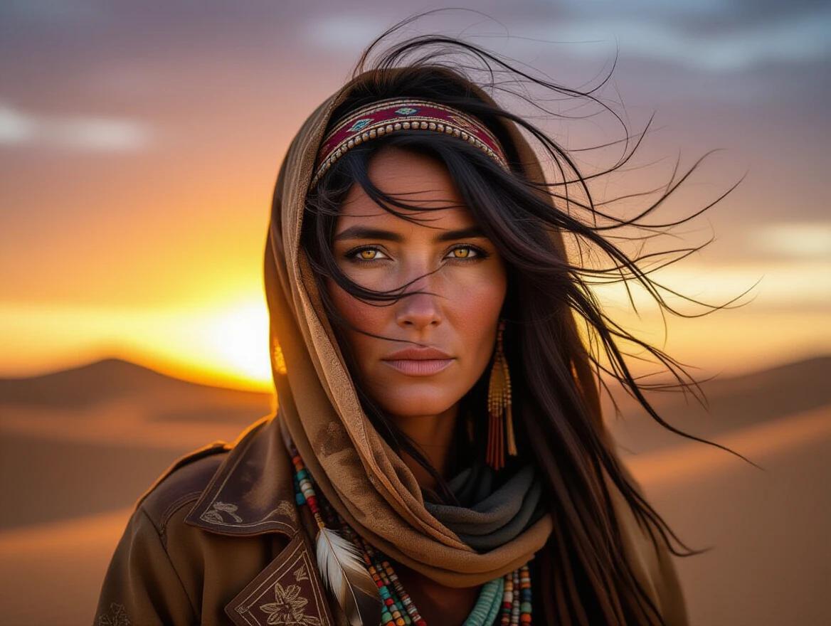 Hyper-realistic portrait of a nomadic woman. She stands in the desert at dusk. The golden sunset illuminates the landscape. Windswept hair flows around her weathered face. She wears a woven headscarf with beads. A faded leather coat with ornate stitching adorns her. Distant sand dunes create a serene background. The sky transitions from orange to indigo.