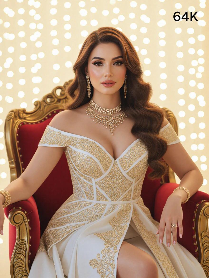 Stunning woman in 4K cinematic still. Shoulder-length glossy brown wavy hair with sun-kissed highlights. Exudes confidence. Flawless skin glows under cinematic lighting. Luxurious off-shoulder gold and white outfit with intricate lace embroidery and thigh-high slit. Refined jewelry complements her look. Soft background with bokeh lights. Sitting on a gold and red chair.