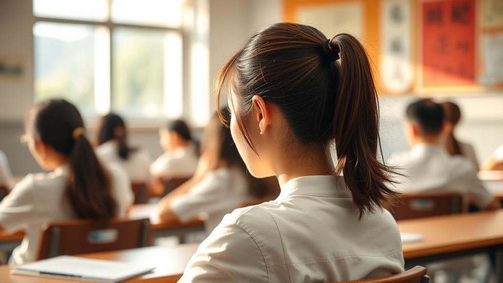 A student with a ponytail attentively listens in a classroom setting.