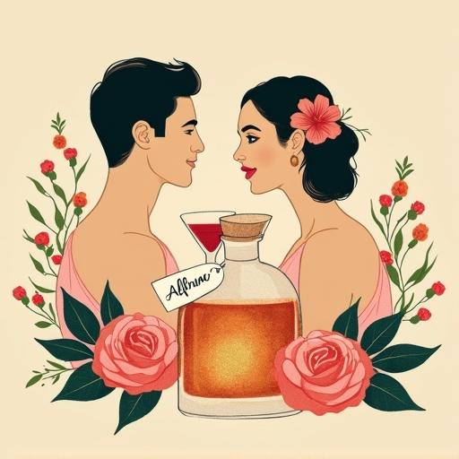 Minimalist screen printing artwork of a scene in an orchard. A man offers a toast with a cocktail glass to a topless woman. She has a flower in her hair. An apothecary bottle glows nearby. Two cocktail glasses are beside the bottle. Roses and herbs surround them. Beige background.
