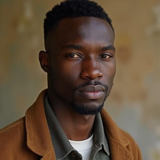 Light colored skin East African man with serious expression, wearing a jacket, close-up shot, natural setting.