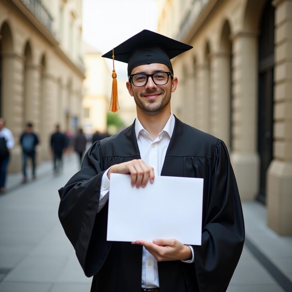 A university student stands proudly in an outdoor corridor, wearing a black graduation gown and cap. He holds a blank certificate in a photo frame, smiling confidently at the camera. The surroundings feature historic architecture, creating a celebratory atmosphere. The lighting is bright and natural, enhancing the joyful moment. People can be seen in the background, representing a lively graduation day.