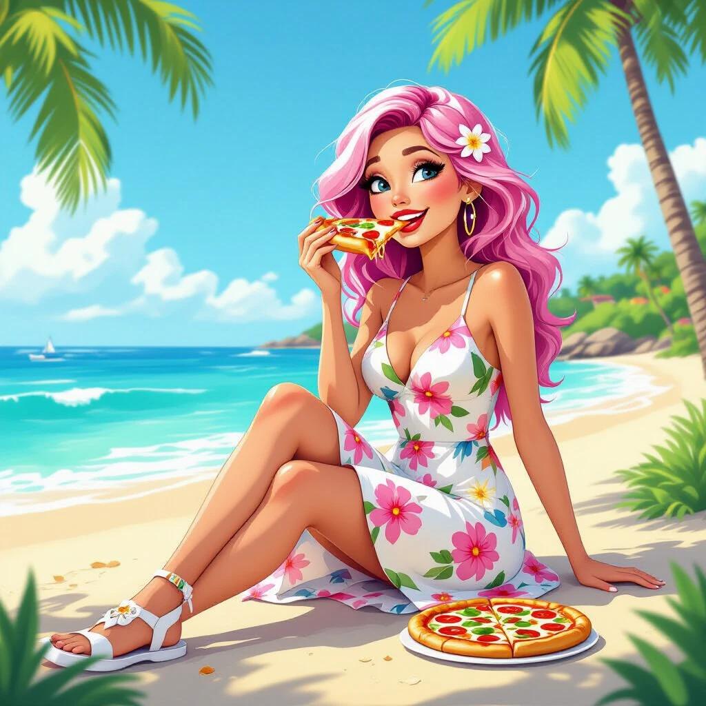 A woman with pink hair is sitting on a beach. She wears a white dress with floral patterns and is enjoying pizza. The scene shows a bright morning along the ocean. Palm trees are in the background.