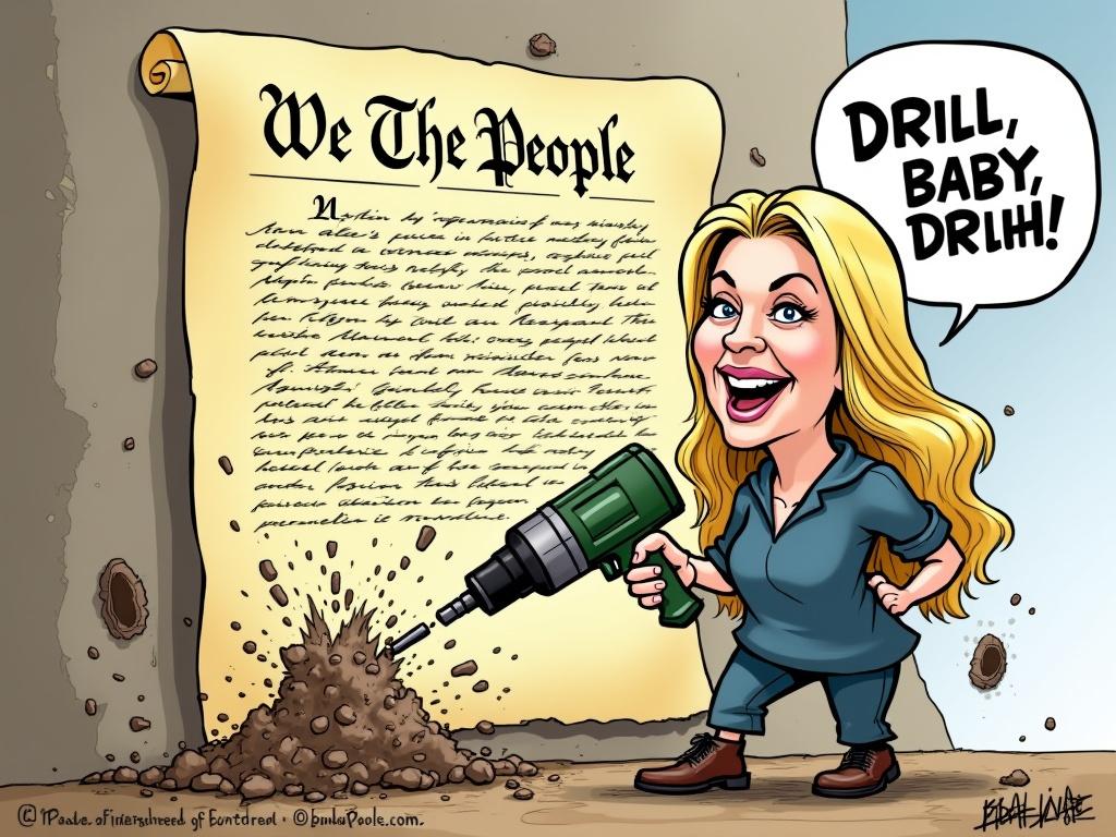 Cartoon image of a wall with Declaration of Independence. Title 'We The People ' at the top. Character with long blond hair. Oversized head and casual clothes. Character holds a power drill. Secretary of Justice with a confident grin. Drilling into the wall. Debris falling. Dark holes symbolizing damage. Character shouting 'DRILL, BABY, DRILL!'. Humorous take on political decisions about resources.