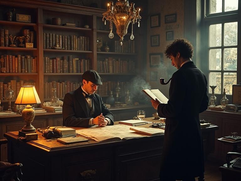 A Victorian study filled with case files, maps, and chemical equipment. Sherlock Holmes sits in deep concentration, smoking his pipe. Dr. Watson stands nearby reading a letter. The room glows with warm lamplight. An atmosphere of intellect, deduction, and mystery.