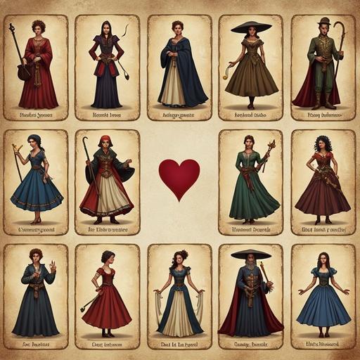 Card design for a game featuring enchanting characters depicting classical dance styles. Each card showcases different characters and designs with a central heart motif.