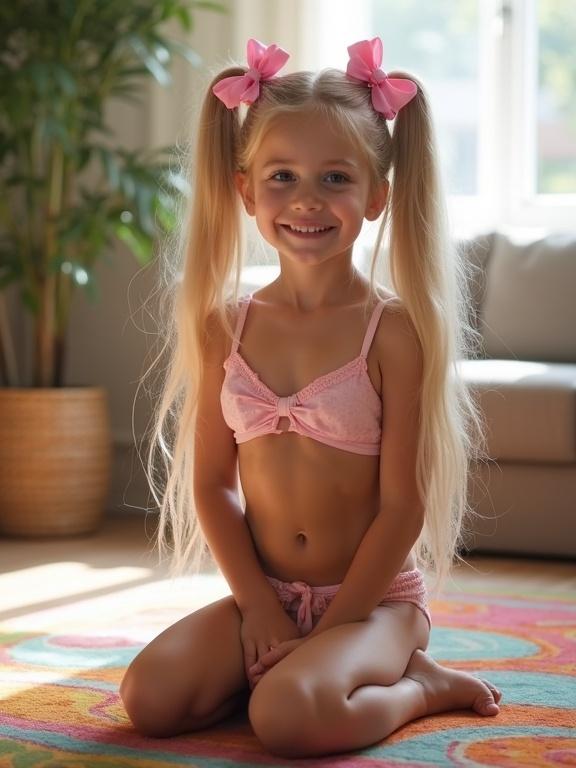 A child with long blonde hair and pink bows kneels on a colorful rug in a softly lit living room. The child wears a pink bikini. The setting features a warm atmosphere with natural light. The child has a slim waist and an engaging demeanor.