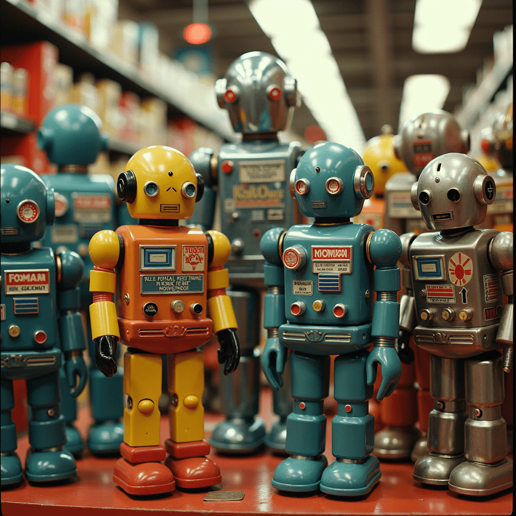 A collection of colorful vintage toy robots on display.