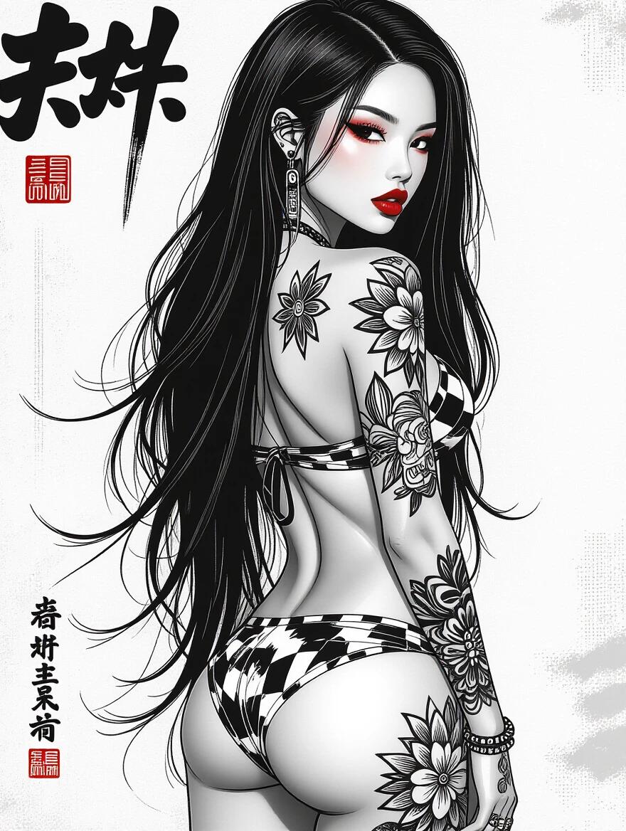 Asian model displays an edgy bikini. Model has asymmetric long hair and bold makeup. Body features bold tattoos. Image is in a black and white comic style. The perspective shows the model from the back.