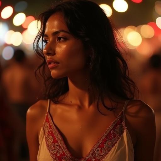 Candid cinematic film still of a beautiful South Asian woman at a night festival. She has a soft round face and fuller cheeks. Gaze directed away from the camera, expressing pensiveness. Dark wavy hair damp with sweat, low-cut white spaghetti strap top with intricate red embroidery. Background filled with warm golden and orange bokeh lights. Soft atmospheric lighting. Medium close-up shot with shallow depth of field.
