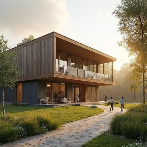 Architectural visualization featuring a modern building likely designed for educational purposes. Scene depicts children playing in a spacious garden during morning hours. The composition employs the rule of thirds with an inviting pathway leading to the structure. The architecture is a blend of wood and concrete, highlighting sustainability. The warm orange hue from morning light enhances the atmosphere.