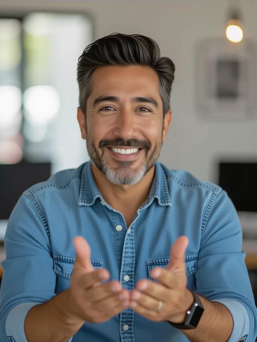 Half-length portrait of a man in casual office clothes. Smiling expression with hands shown. Front-facing view. Comfortable workplace setting.