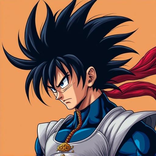 Illustration of a character inspired by Raditz from anime. Character has spiky black hair and wears a blue outfit with a red scarf. Character appears strong and determined.