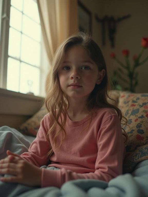 Full frame photo of a teen girl in a living room. The girl sits on a couch wearing a light pink sweater. Natural light comes through the window brightening the room. Details of the decor include floral patterns and soft blankets.