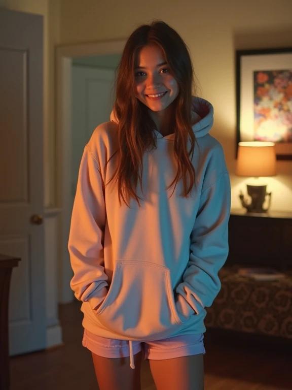 Full frame photo of a teen girl in a living room. She wears a long hoodie and micro shorts. The girl's pose is shy with a flirty vibe. The overall look is unpolished and casual with soft colors and warm lighting.