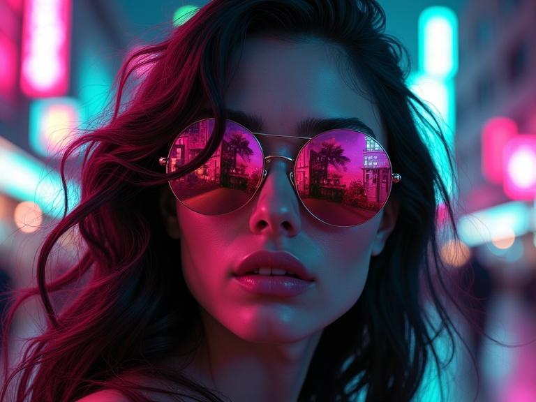 Extreme close-up of a woman's face in a neon-lit environment. She has long wavy hair and is wearing mirrored sunglasses. The colors are neon green and pink. The background shows a bright city street at night. Hyperrealistic style inspired by digital artists.