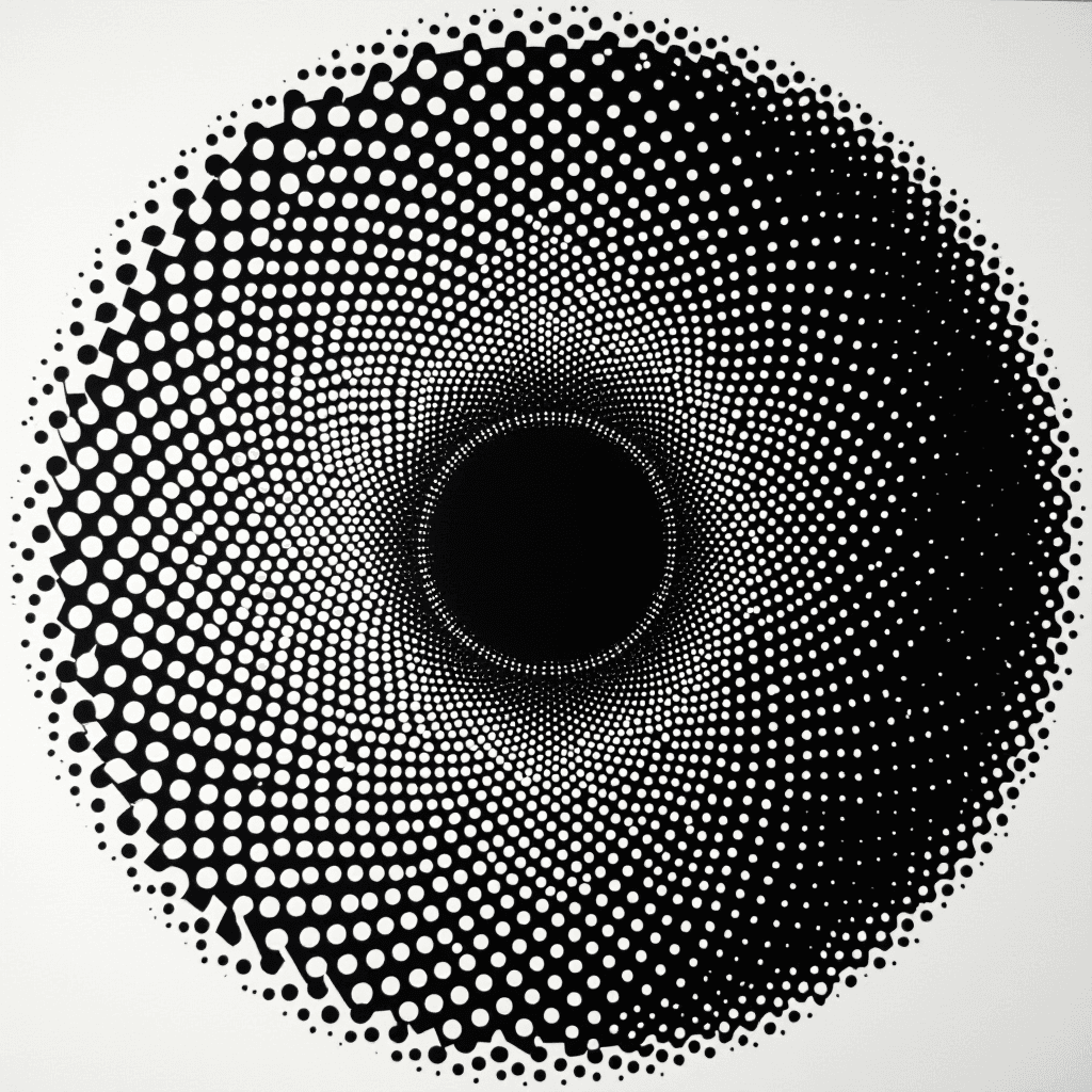 A mesmerizing black and white circular pattern with a dot gradient forming an optical illusion.