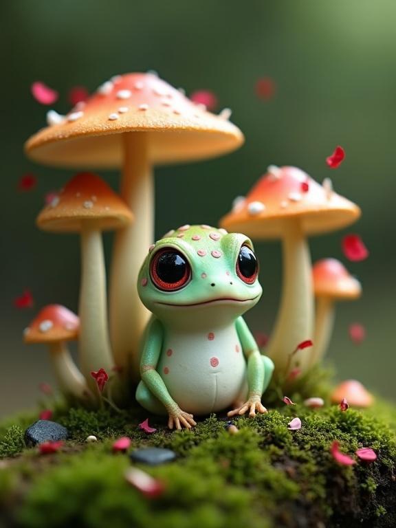 Enchanting forest scene featuring a small frog-like creature surrounded by tall mushrooms and drifting flower petals. Magical atmosphere evokes whimsy and peaceful solitude in a miniature world.