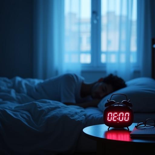 A hyper-realistic photograph of a bedroom at dawn. Blue morning light filters through sheer curtains. Sleeping figure lies beneath rumpled sheets. Focus on a digital alarm clock showing 06:00. Nearby are folded eyeglasses and a dog-eared paperback.