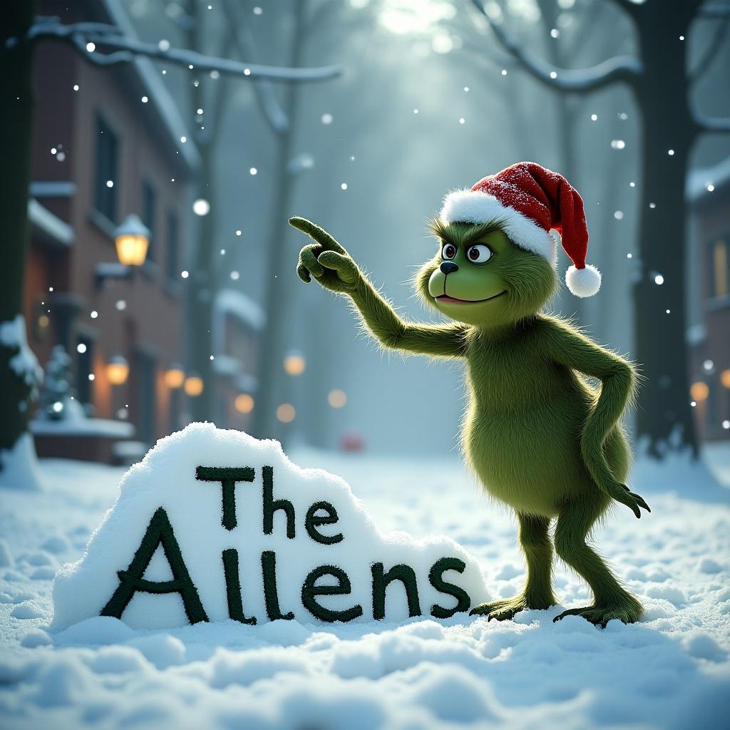 Image of a whimsical character pointing at 'The Allens' written in the snow. Winter setting with soft lighting and a festive atmosphere.