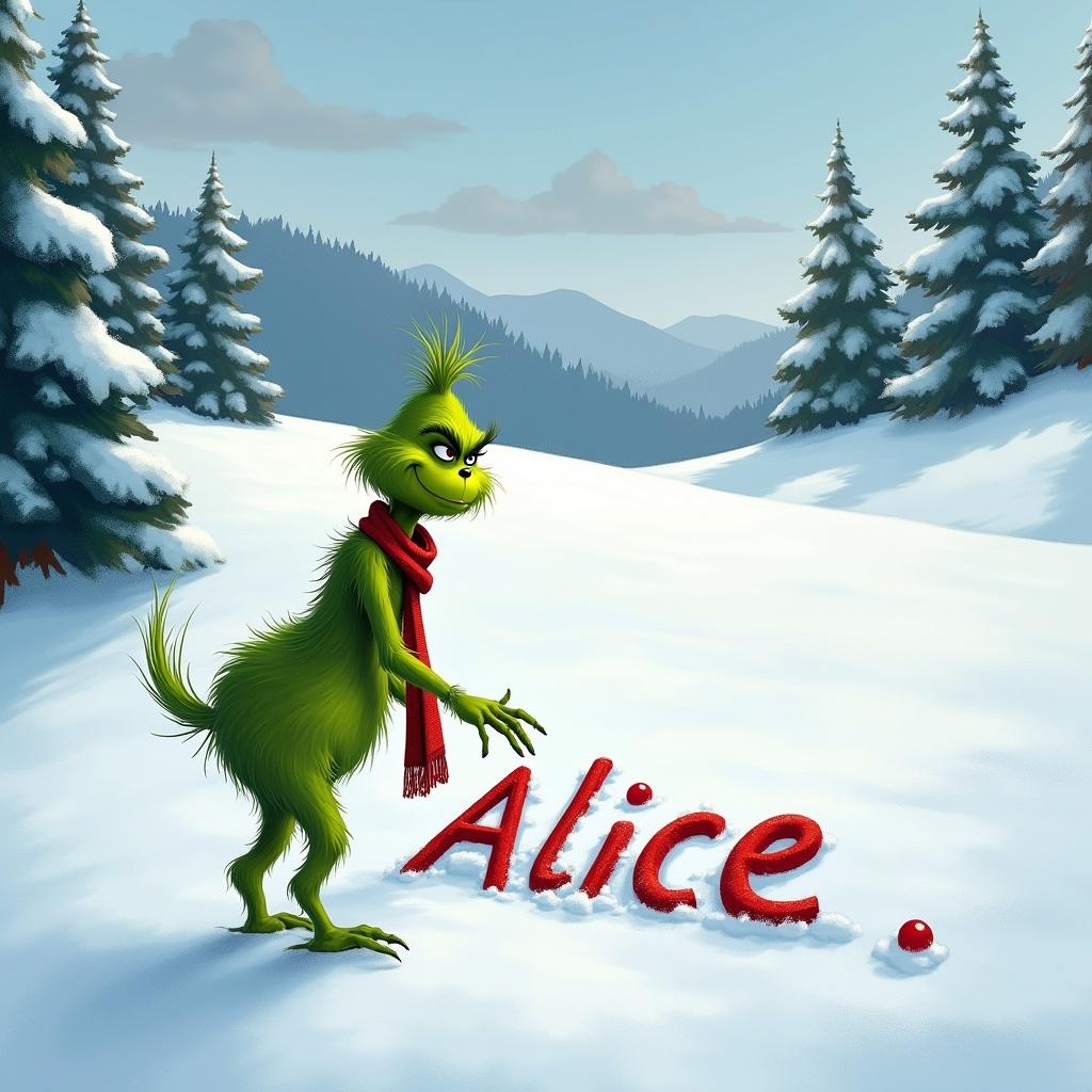 Grinch writes name Alice in snow. Scene includes snow-covered hills and evergreen trees. Grinch has green color and red scarf.