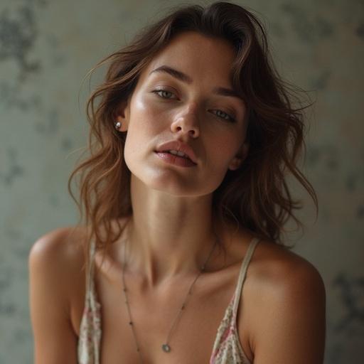 Dreamy portrayal of a woman with soft features and natural expression. Neutral background enhances the subject's beauty. Subtle lighting highlights her features.