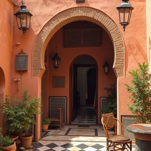 Image of a Moroccan entrance with terracotta walls. Features a grand archway and decorative elements such as lanterns. Green plants accent the entrance area.