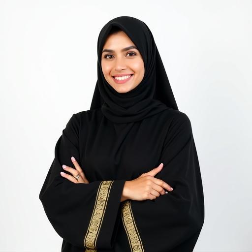 Portrait of a young woman in traditional black abaya with gold trim. She smiles warmly in a studio with white background. Hands in relaxed position. Soft lighting. No jewelry.