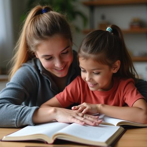 A student engages in studying with an open book. A parent provides support. Both are showing interest in the learning process. The scene is set in a cozy home environment with soft lighting and natural elements.