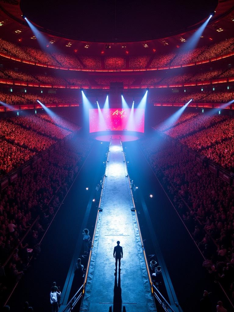 Aerial view of a concert at Madison Square Garden featuring a T-stage runway. Travis Scott is performing with dramatic lighting. The audience is filled with excitement. The stage design shows vibrant colors. Aerial perspective showcases the entire venue and crowd.