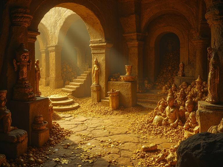 A hidden chamber in a forgotten palace or cave showcases vast hoards of ancient gold artifacts. The room exudes immense age with intricate statues and jewelry glowing faintly. Dust motes dance in the gentle light, exuding untold riches.