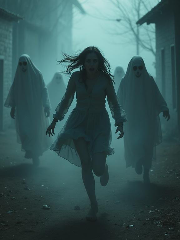 Scared woman running away from spooky ghosts in a state of panic. Motion lines suggest exaggerated speed and dynamic pose. The atmosphere is eerie and misty.