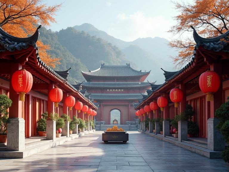 A beautiful photo featuring traditional Chinese architecture with red lanterns and autumn leaves. It shows a pathway leading to a gate with mountains in the background.