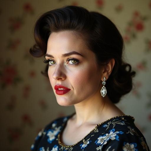 Portrait of housewife with make-up and 1950's hairstyle. Features long eyelashes, big red lips, and a tiny nose. Wearing a vintage floral dress. Profile view with floral wallpaper in background.