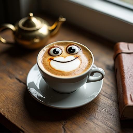 Photo of warm cappuccino with smiling frog design in foam. Rustic wooden table with antique brass teapot and leather-bound book. Soft sunlight coming through window creates cozy atmosphere.