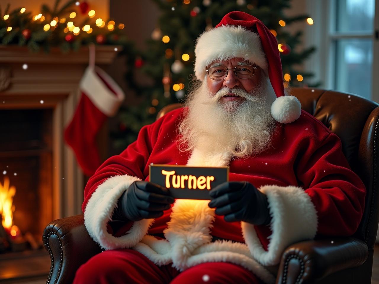 An elderly man dressed as Santa Claus is sitting comfortably in a cozy living room adorned for Christmas. He wears a classic red suit with white fur trim and black gloves. In his gloved hands, he holds a glowing sign that reads "Turner" in elegant letters. Snowflakes gently fall outside the window, adding a magical ambiance. The fireplace beside him is warmly lit, with stockings hanging and softly glowing lights decorating the tree in the background. The scene captures the essence of holiday spirit and warmth.