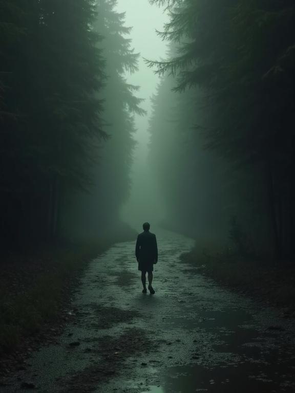 A lone figure walks down a dark, misty path in a forest. The atmosphere has darkened tones and dramatic light creates a surreal feel.