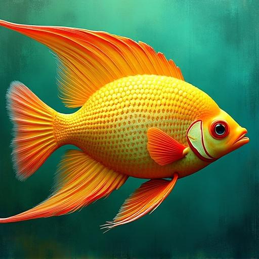 Texture-Art style illustration of an angelfish. The fish is primarily yellow. Features hues of lime green and turquoise. Bright red accents on fins and cheeks are present. The background is a soft gradient of blue and green. The fish swims gracefully in a side profile view.