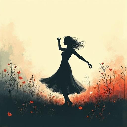 Silhouette of a woman dancing in a garden. Minimalist design with abstract forms. Dreamlike and emotive atmosphere. Digital painting style with textured elements.