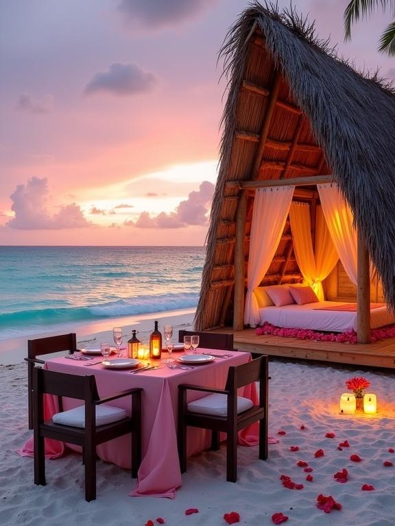 A romantic beach setup is shown featuring a dining area and a thatched hut. The sunset is vibrant over the ocean. A wooden table with a pink tablecloth has plates and a lantern. Two wooden chairs are beside the table. Sand has red rose petals and candles. The hut is made of palm leaves and has a cozy interior with a bed. The ocean is turquoise. The sky has pink and orange colors. The atmosphere is warm and picturesque.