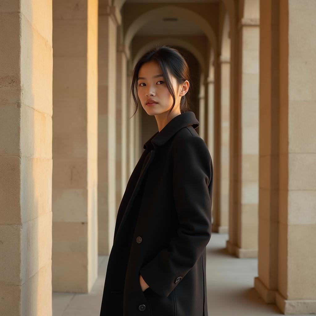 Asian woman wears black coat stands elegantly by textured beige walls under soft warm light